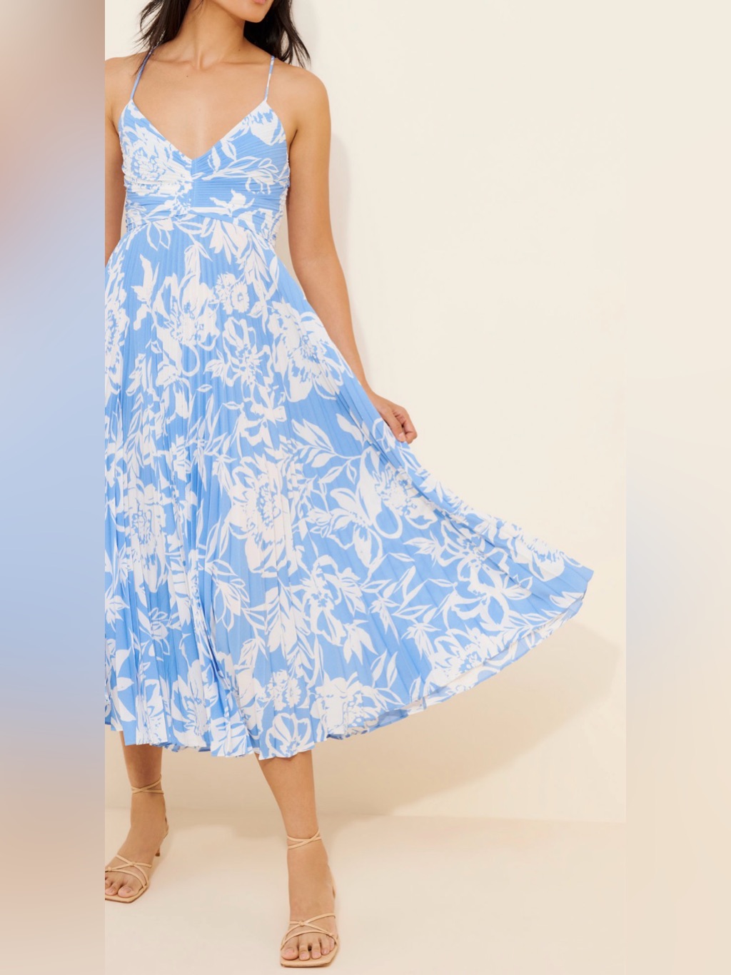 Astr - Blyth Blue & White Floral Pleated Midi Dress